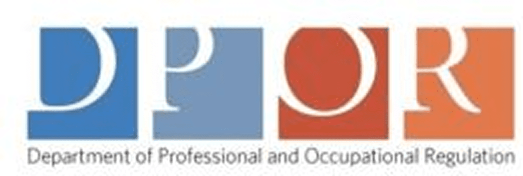 Logo of the Department of Professional and Occupational Regulation, featuring stylized blue and red letters "DPOR.