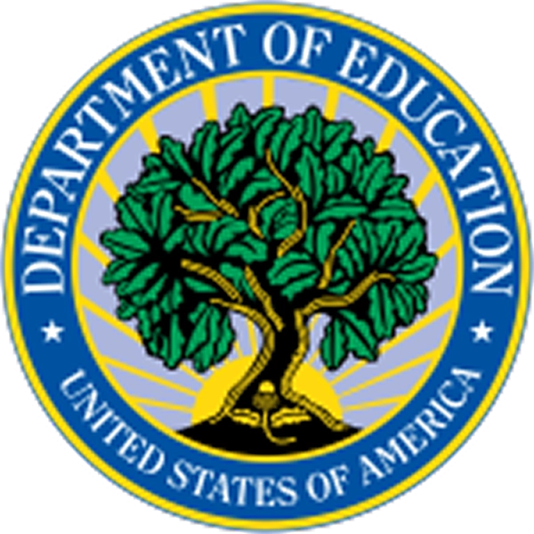 Seal of the U.S. Department of Education featuring a large green tree on a blue and yellow background, encircled by text.