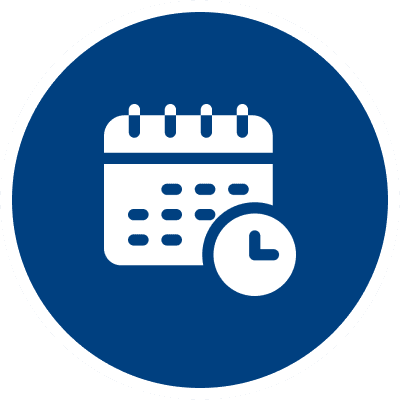 Icon of a calendar with a clock in front, set on a blue background.