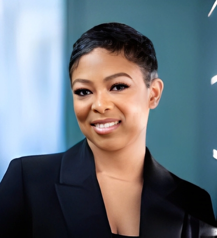 A person with short dark hair smiles while wearing a black blazer against a blurred blue background.