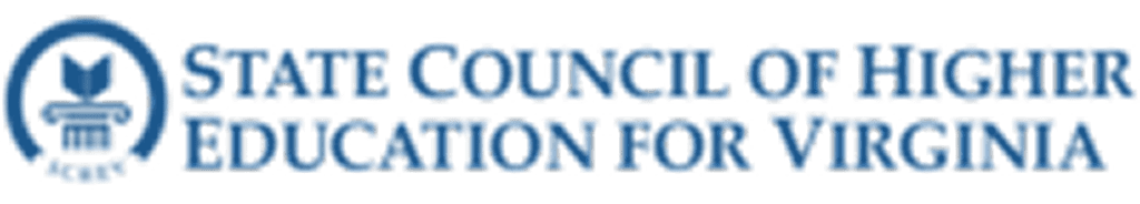 Logo of the State Council of Higher Education for Virginia, featuring blue text and an emblem with a torch.