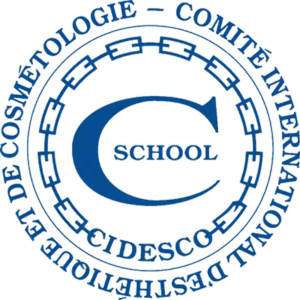 Blue circular logo with text "Comité International d'Esthétique et de Cosmétologie" and "CIDESCO" around a large letter "C" and the word "SCHOOL" in the center.