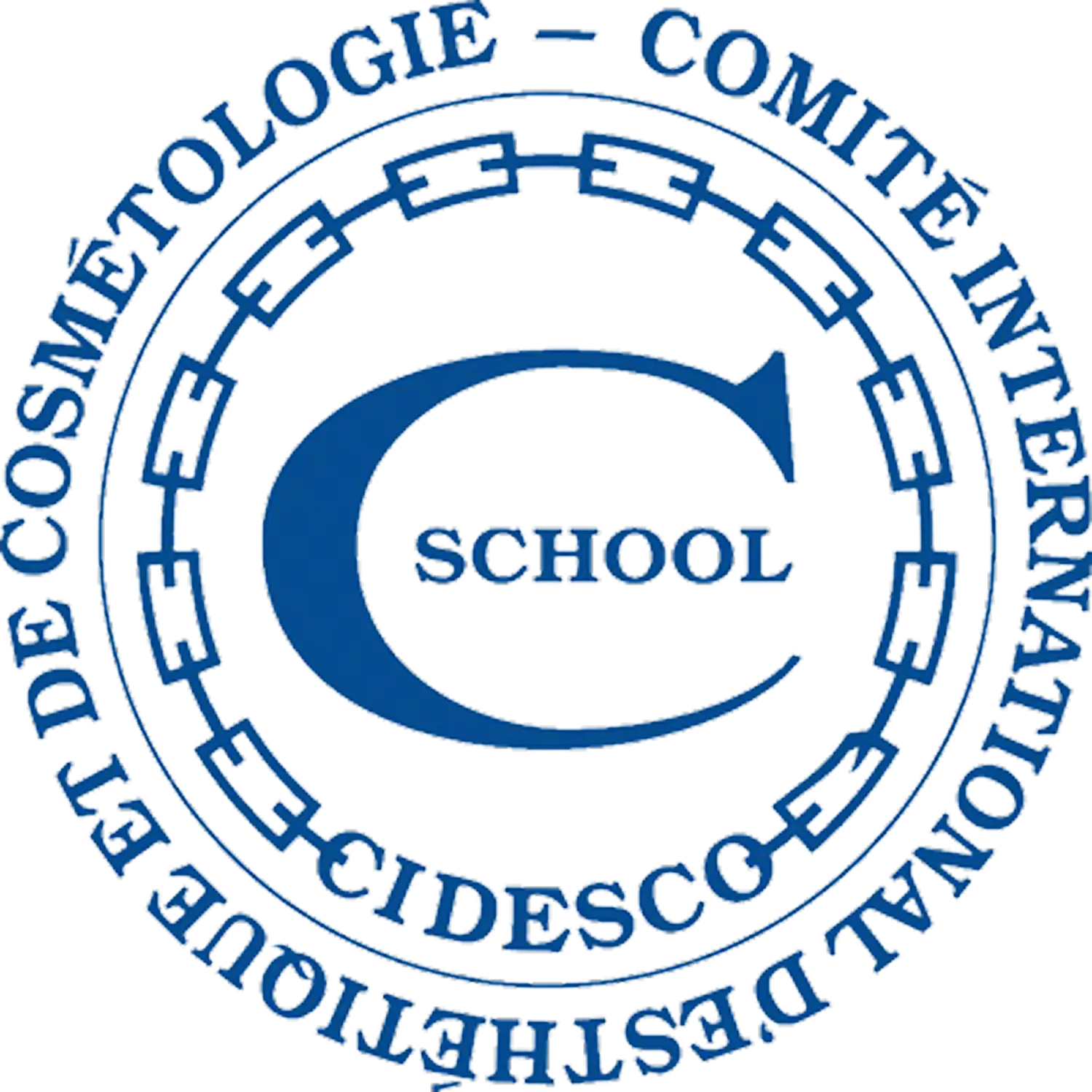 Blue circular logo with text "Comité International d'Esthétique et de Cosmétologie" and "CIDESCO" around a large letter "C" and the word "SCHOOL" in the center.