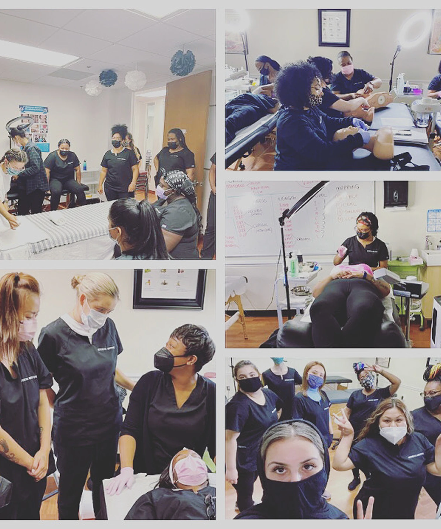 A group of individuals in black uniforms and masks participate in a practical training session with esthetic equipment in a classroom setting.