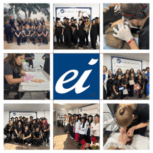 Collage of beauty school students and activities.